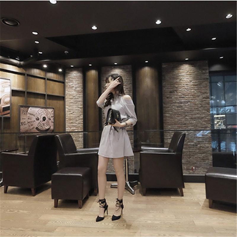 ミニ丈 | ワンピース 夏 レディース ミニワンピース Aラインワンピース 可愛い 無地 グレー 低身長 五分袖 セクシー 大人 スリム 肩出し