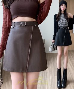 スカート | レザーボトムス ミニAライン 秋冬 レディース 革通勤 着痩せ フェイクレザー インナーパンツ付き ベルト付き ジッパー