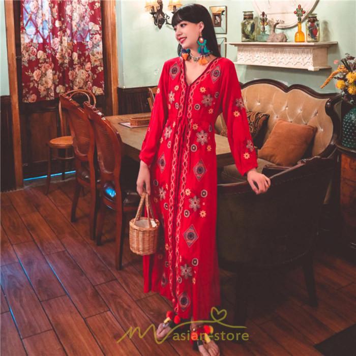 マキシ | ワンピース 長袖 レディース ロング丈 マキシ丈 綿麻 コットン リネン Aライン ゆったり 体型カバー 大人 可愛い 海外旅行 秋 夏 エスニック ナチュラル 春