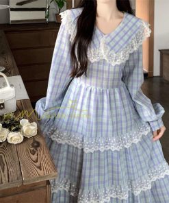 マキシ | チェック柄ワンピース 秋 レディース Aラインワンピース 長袖ワンピ キャザー 切り替え レース かわいい 大人 お呼ばれ 腰美ライン 通学通勤 30代 着痩せ