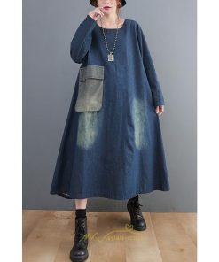 デニムワンピース | ワンピース デニム レディース 40代 ロング チュニック 長袖 ゆったり かわいい 大きいサイズ 藍 大きいポケット 体型カバー