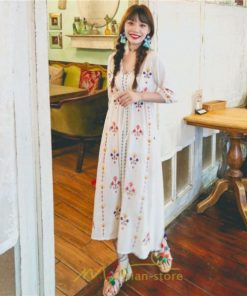 マキシ | ロング丈ワンピース レディース 花柄 Aライン 七分袖 ロング丈 ゆるシンプル きれいめ Vネック カジュアル 細見え 白 リゾート 黄色 上品 華やか 旅行