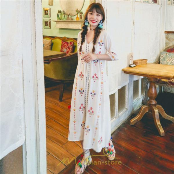 マキシ | ロング丈ワンピース レディース 花柄 Aライン 七分袖 ロング丈 ゆるシンプル きれいめ Vネック カジュアル 細見え 白 リゾート 黄色 上品 華やか 旅行