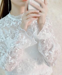 透かし編みトップス | レースブラウス レディース オシャレ シースルー きれいめ シアートップス プルオーバー セクシー プチハイネック 韓国風 長袖