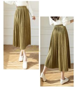 スカート | プリーツロングミモレ丈 ビロードAラインウエストゴム ハイウエスト 秋冬 無地 ゆったり 通学通勤 大人