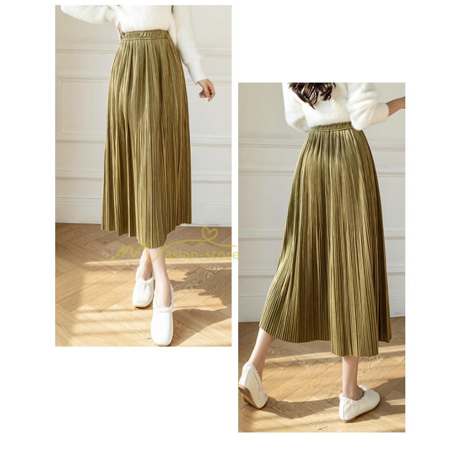 スカート | プリーツロングミモレ丈 ビロードAラインウエストゴム ハイウエスト 秋冬 無地 ゆったり 通学通勤 大人