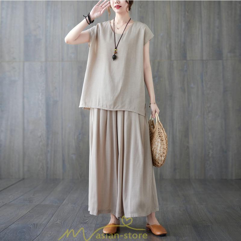セットアップ | レディース 夏服 Tシャツ ワイドパンツ ガウチョパンツ カジュアル 無地 冷感 涼感 ブラウス トップス 30代40代 2点セット ゴム パンツ 半袖