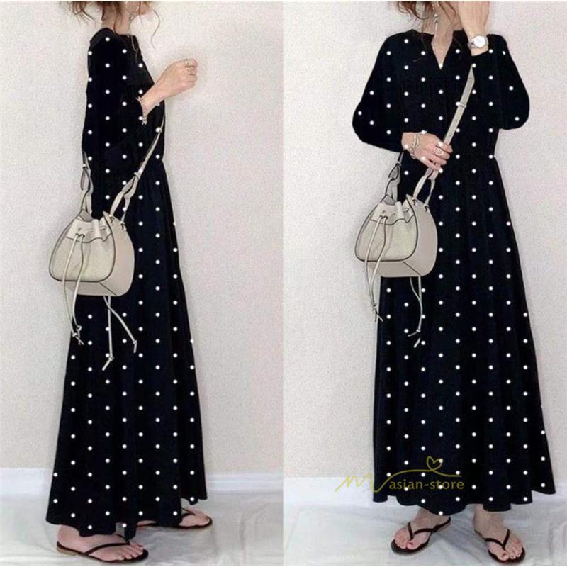 マキシ | ワンピース ロングワンピース レディース 春 秋 ドット柄 マキシワンピース 長袖 Aラインワンピ カジュアル 韓国ファッション きれいめ Vネック 2022