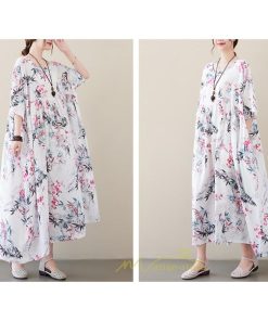 マキシ | 大きいサイズ レディース ワンピース 楽ちん 美人 コットン 着心地いい 夏 ぽっちゃり ゆったり 半袖 お腹 太もも 華奢 着痩せ ポケット 白 丸首 通勤 花柄 美脚