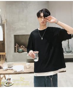 Tシャツ | メンズ 夏物 半袖 五分袖 フェイク レイヤード 重ね着 無地 おしゃれ プルオーバー オーバーサイズ しっかり ロングｔ 男 20代 カジュアル 30代