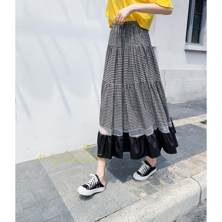 スカート | フレア ロング春物 レディース 春夏 チェック柄 ドッキング リゾート 体型カバー お出かけ 20代30代40代50代 着痩せ 通勤通学 カジュアル
