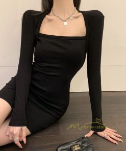 ミニ丈 | ニットワンピース ショート丈 レディース セクシー 長袖タイトワンピ 着やせ おしゃれ パーティードレス ファッション ミニワンピ スクエアネック ストレッチ
