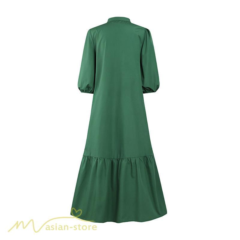 マキシ | シャツワンピース 7分袖 無地 切り替え モックネック シンプル レディース カジュアルワンピース 秋コーデ マーメイドワンピ 前開き Aライン 大きいサイズ 秋