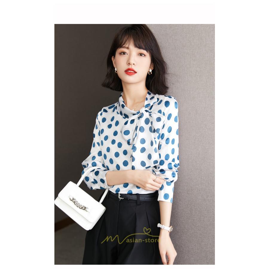 シャツ・ブラウス | ブラウス レディース シャツ トップス リボン 長袖 シフォン オフィス ドット柄 おしゃれ 高級感 ゆったり 日常 体型カバー デート 外出 通勤 着痩せ