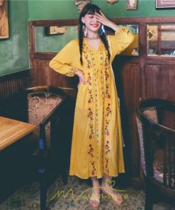 マキシ | ワンピース レディース ロング丈 サマードレス 花柄 リゾートワンピ Aライン 長袖 体型カバー ママ 大人 ゆったり 夏秋 Ｖネック 着痩せ 綿麻 刺繍 旅行 SNS映え