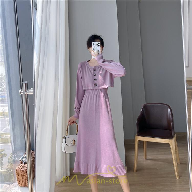 ニットワンピース | セットアップ レディース 秋冬 きれいめ ロング丈無地 20代30代40代50代 長袖 可愛い お出かけ 大人 通勤 韓国風 着痩せ
