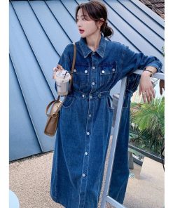 マキシ | デニムワンピース 秋 レディース ジャケット 羽織り ワンピース 長袖 腰着痩せ 女性美シルエット デニム 30代40代50代 ロング丈 オフィス 無地 秋コーデ