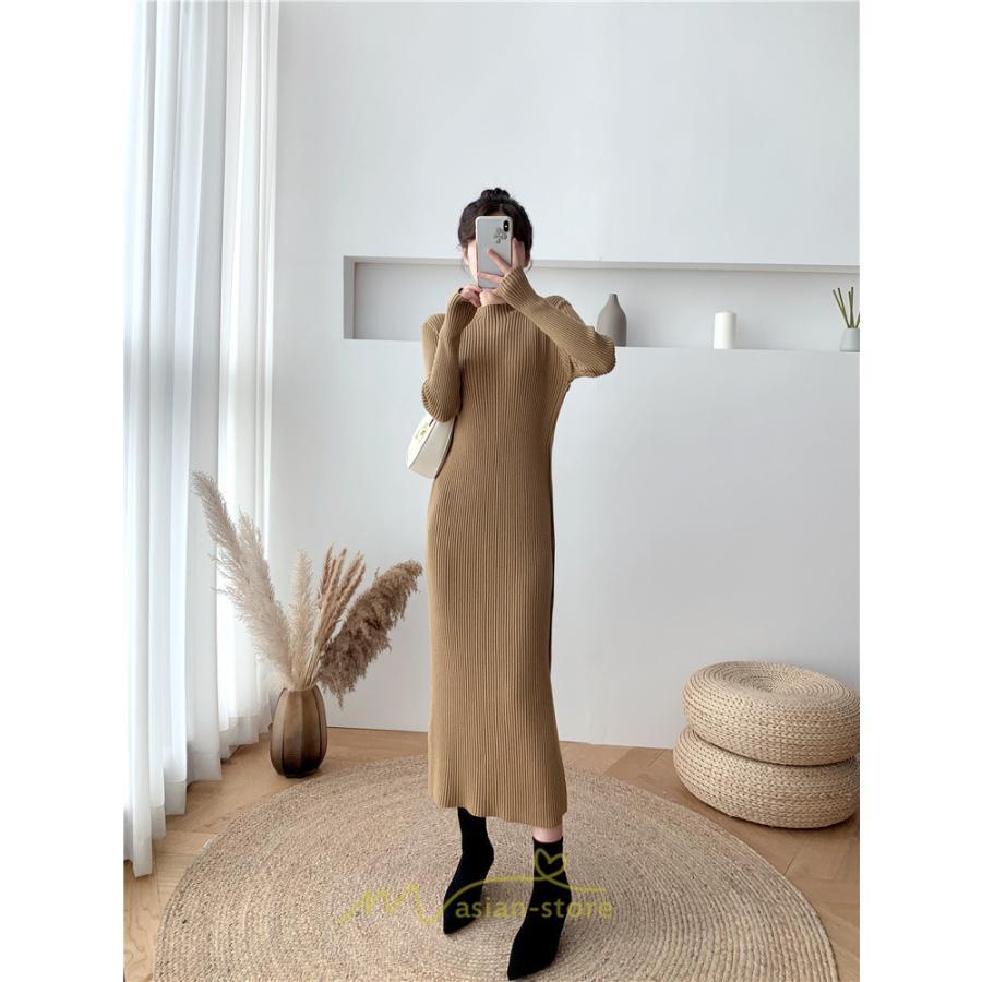 ニットワンピース | レディース 冬 きれいめ ロング おしゃれ 秋冬 長袖 ハイネック サイドスリット セクシー 同窓会 デート 大人フェミニン 女子会 韓国風