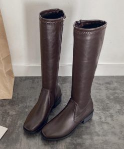 ニーハイブーツ | レディース スクエアトゥ レザー調 春秋冬 ロング丈 美脚 ローヒール 合皮 大人