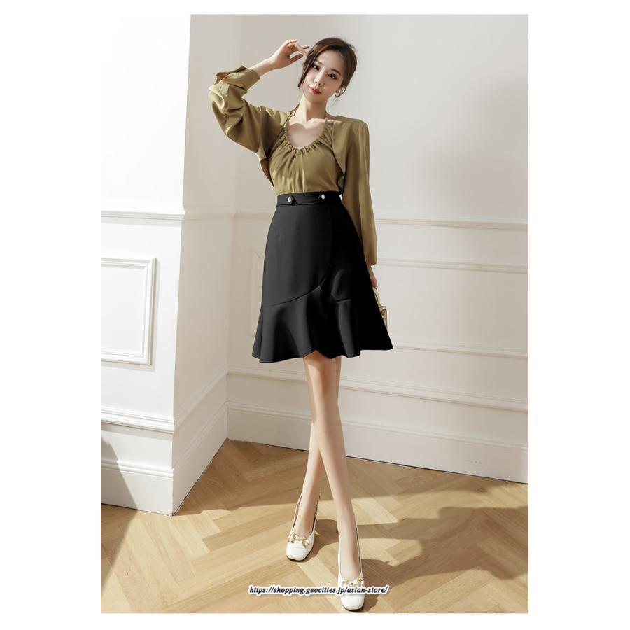 スカート | レディース ミニ膝上 マーメイド着痩せ フェミニン 優雅 上品 フリル 2022新作 韓国風 秋冬コーデ キレイめ 通勤 オシャレ 通学