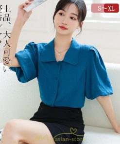 シャツ・ブラウス | ブラウス レディース オフィス シャツ 青 フォーマル 半袖 おしゃれ カジュアル フェミニン 開襟 着痩せ フランス風 お仕事 クラシック ビジネス 通勤 OL