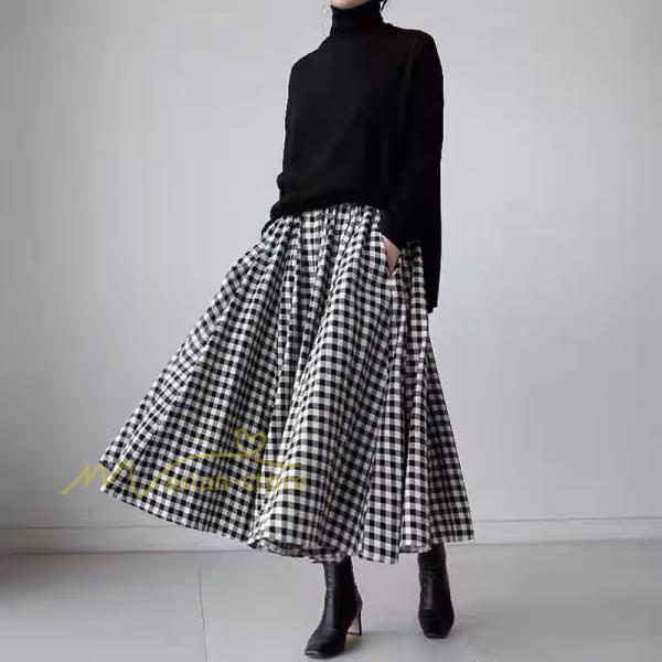 スカート | ブロックチェック ロングフレア Aライン ボトムス チェック 柄 マキシ韓国ファッション ゆったり 20代30代40代50代 通勤通学 着痩せ