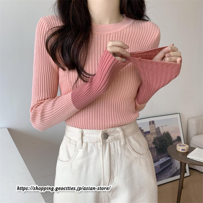 ニット・セーター | カットソー ニット レディース リブニット 長袖 秋冬 春 トップス スリム ストレッチ インナー 無地 長袖ニット 通学通勤 着痩せ 長袖カットソー プルオーバー