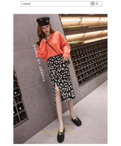 スカート | ロング 秋 冬 Aライン ロング丈 ハイウエスト ヒョウ柄 かっこいい セクシー  スリット ニット 韓国風 高見え デート おでかけ 2022新作 女子会 細見え