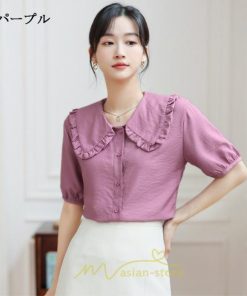シャツ・ブラウス | ブラウス シフォン トップス レディース 白 紫 夏ブラウス シフォンブラウス 半袖 オフィス 春夏 クルーネック お出かけ 着痩せ 華奢見え フリル