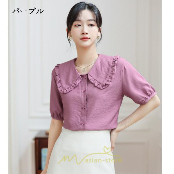 シャツ・ブラウス | ブラウス シフォン トップス レディース 白 紫 夏ブラウス シフォンブラウス 半袖 オフィス 春夏 クルーネック お出かけ 着痩せ 華奢見え フリル