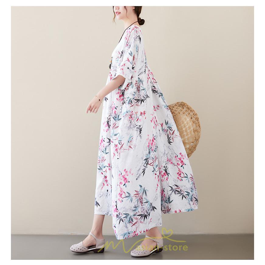 マキシ | 大きいサイズ レディース ワンピース 楽ちん 美人 コットン 着心地いい 夏 ぽっちゃり ゆったり 半袖 お腹 太もも 華奢 着痩せ ポケット 白 丸首 通勤 花柄 美脚