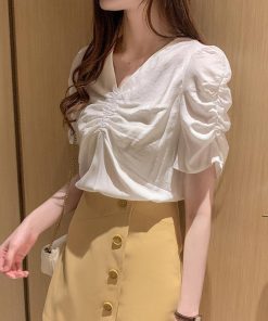 シャツ・ブラウス | シャツ ブラウス レディース バルーンスリーブ 半袖ブラウス Vネック トップス ファッション 無地 シャーリング サマー 通学 通勤 着痩せ 着回し 2020夏新作