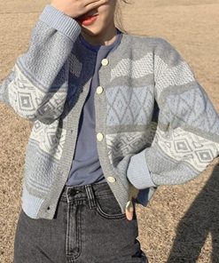 ニット・セーター | 幾何学柄カーディガン配色切替え韓国風