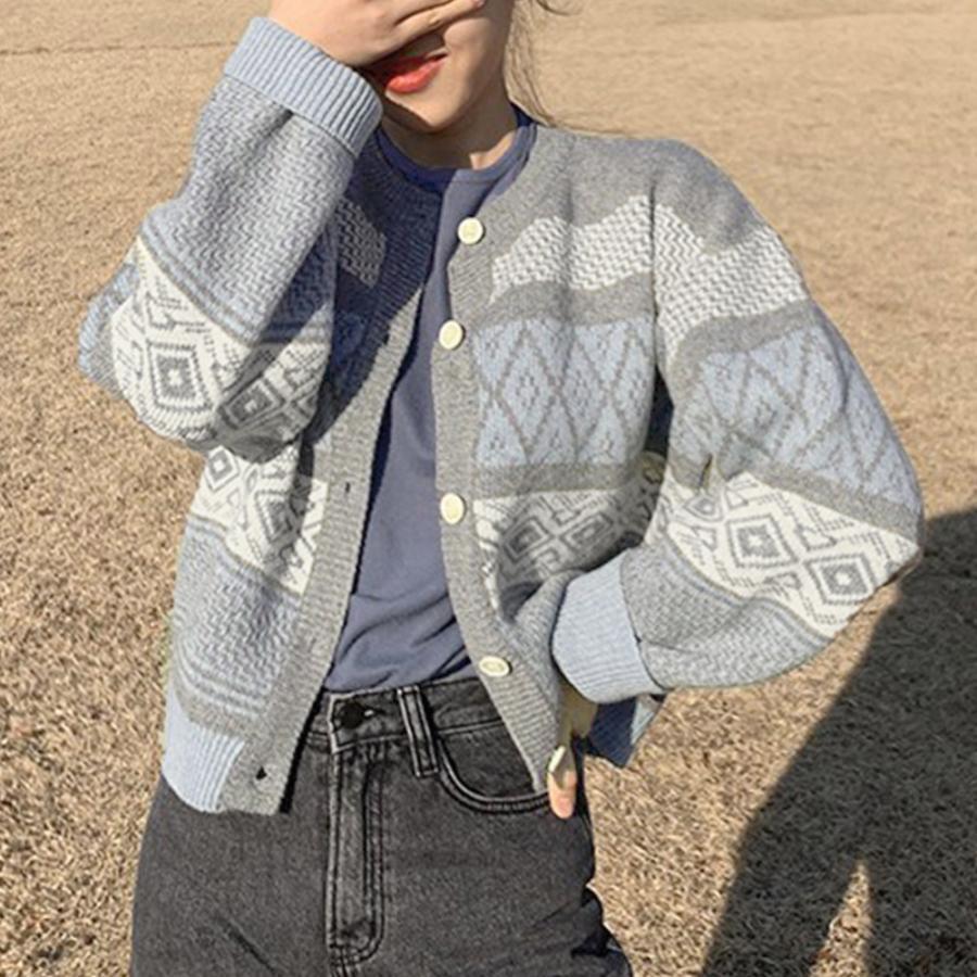 ニット・セーター | 幾何学柄カーディガン配色切替え韓国風