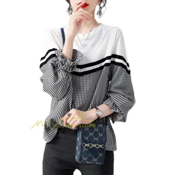 シャツ・ブラウス | ドッキングブラウス レディース シャツ 長袖 秋物 トップス 切り替え ブラウスシャツ 異素材 秋コーデ ロングスリーブ スリム 長袖Tシャツ チェック柄 無地