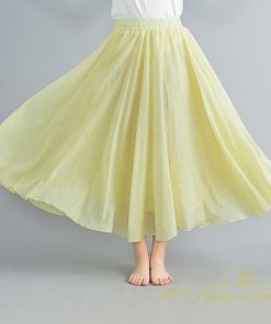 スカート | ロング綿麻フレアウエストゴム ハイウエスト 85cm ネイビー イエロー 無地 夏物 可愛い 春服
