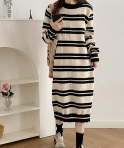 ニットワンピース | ワンピース 秋冬 ロングワンピース ミモレ丈 ボーダー ゆったり 体型カバー 柔らか 大人 長袖 ニット 50代 20代30代 アウター セーター
