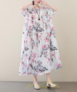マキシ | 大きいサイズ レディース ワンピース 楽ちん 美人 コットン 着心地いい 夏 ぽっちゃり ゆったり 半袖 お腹 太もも 華奢 着痩せ ポケット 白 丸首 通勤 花柄 美脚