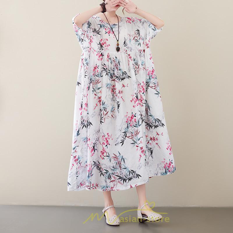 マキシ | 大きいサイズ レディース ワンピース 楽ちん 美人 コットン 着心地いい 夏 ぽっちゃり ゆったり 半袖 お腹 太もも 華奢 着痩せ ポケット 白 丸首 通勤 花柄 美脚