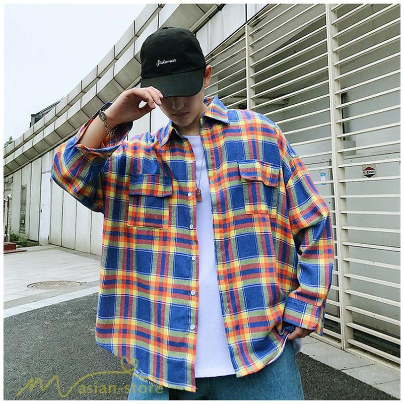 シャツ | ライトアウター 秋服 薄手 メンズ チェック柄 長袖 ポケット 韓国風 カッコウイイ 日常感 ワイドコットン 大きいサイズ トップス 大きいサイズ 男性着