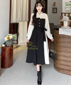 マキシ | ロングワンピース 秋物 レディース ミモレ丈 Aラインワンピース 切り替え フェイク レイヤード風 リボン付き 着やせ 重ね着風 30代40代 お呼ばれワンピース