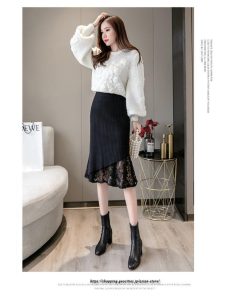 スカート | ニットレディース ファンション レース スリット 膝丈 ミモレ丈 ロング丈 秋冬 秋物 無地 通勤 エレガント フレア 女性 大人 着痩せ オシャレ 上品