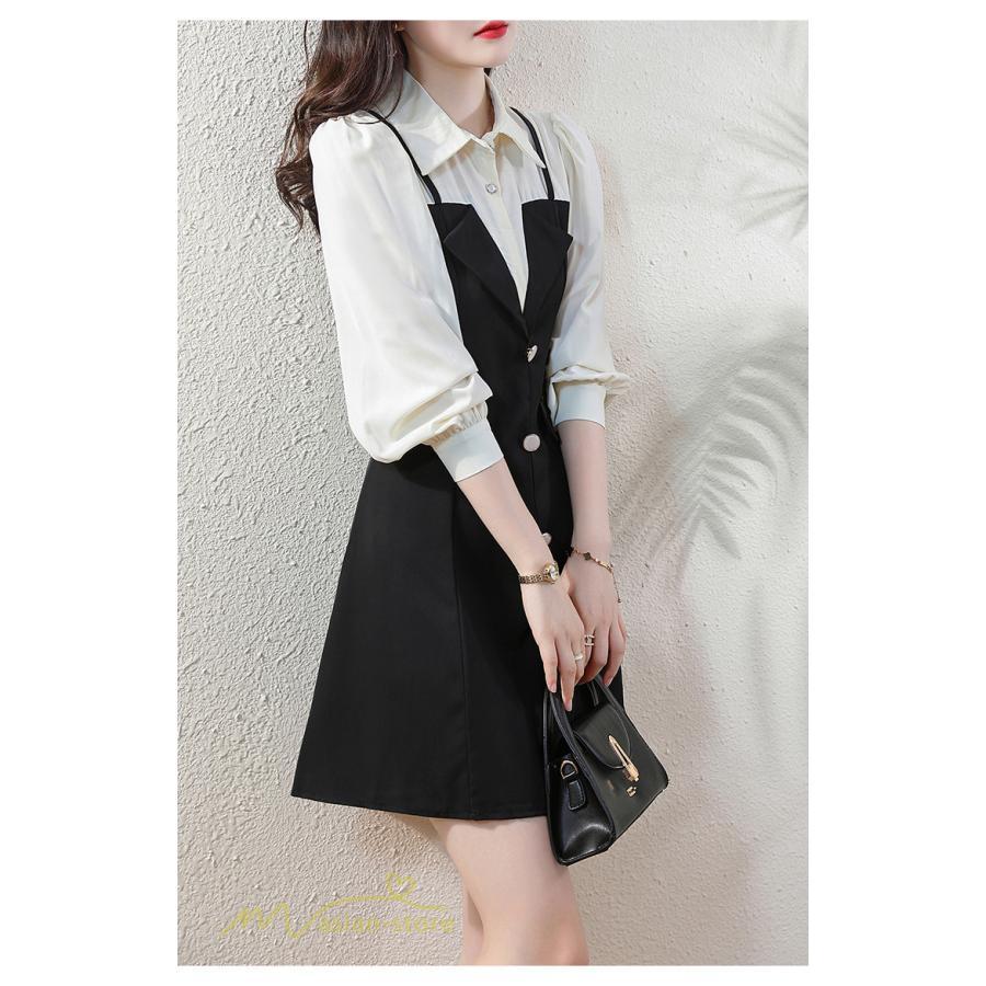 ミニ丈 | 切り替えワンピース 秋 レディース フェイク レイヤード風 ミニワンピース 膝上丈 Aラインワンピース オフィス 可愛い フォーマル エレガント シャツカラー 大人