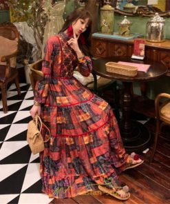 マキシ | ワンピース 七分袖 レディース 夏服  秋服 ロングワンピース マキシ丈 Vネック 民族風 エスニック風 体型カバー カジュアル お洒落 レトロ ハイウエスト