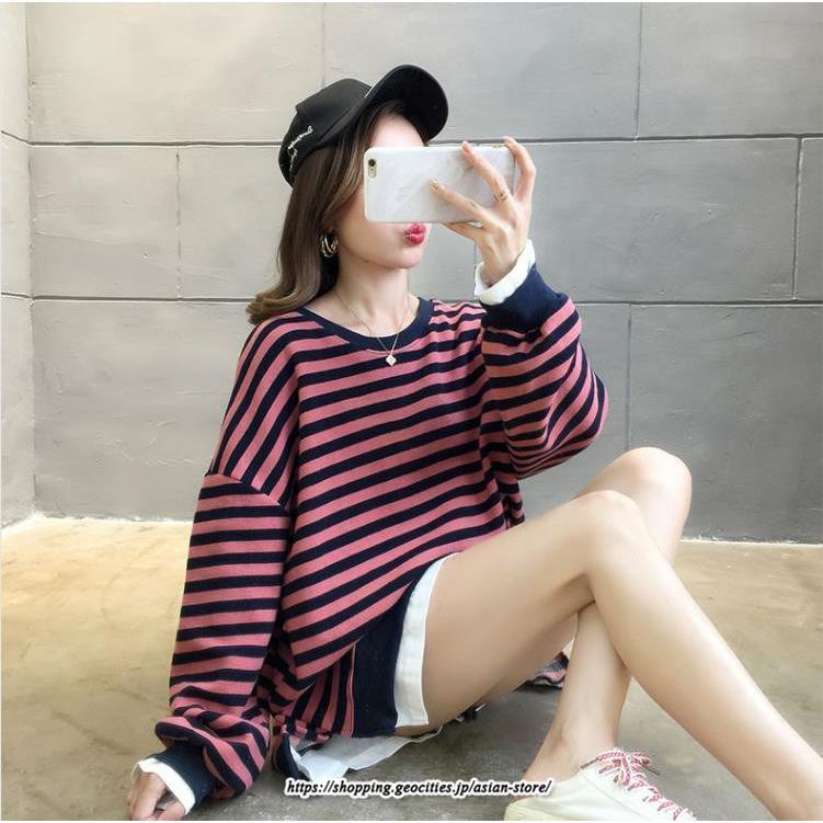 パーカー | 重ね着風トレーナー レディース 長袖 トップス カジュアル スウェット ボーダー柄 ゆったり トレーナー トップス 切り替え 可愛い きれいめ レイヤード風