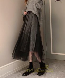 スカート | チュール秋冬 チュールフレアロングキラキラ ふんわり ウエストゴム レディース Aラインミモレ丈可愛 キレイめ ボトムス
