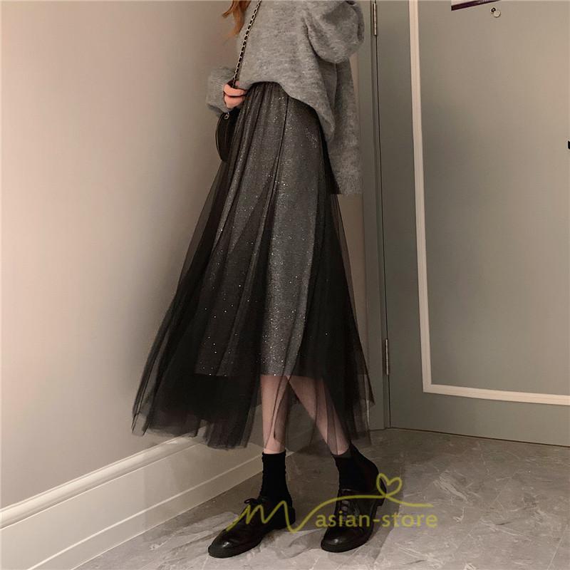 スカート | チュール秋冬 チュールフレアロングキラキラ ふんわり ウエストゴム レディース Aラインミモレ丈可愛 キレイめ ボトムス