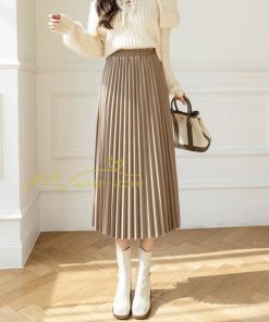 スカート | プリーツロングミモレ丈 Aラインウエストゴム ハイウエスト 秋冬 無地 ゆったり 大人 通学通勤 プリーツ エレガント