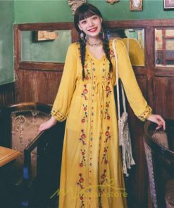 マキシ | ワンピース レディース ロング丈 サマードレス 花柄 リゾートワンピ Aライン 長袖 体型カバー ママ 大人 ゆったり 夏秋 Ｖネック 着痩せ 綿麻 刺繍 旅行 SNS映え