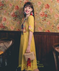 マキシ | ワンピース レディース 刺繍 綿麻 レトロ調 インスタ映え ナチュラル エスニック風 民族風 ボヘミアン 柔らかい SNS映え リゾート 赤 黄色 撮影 白